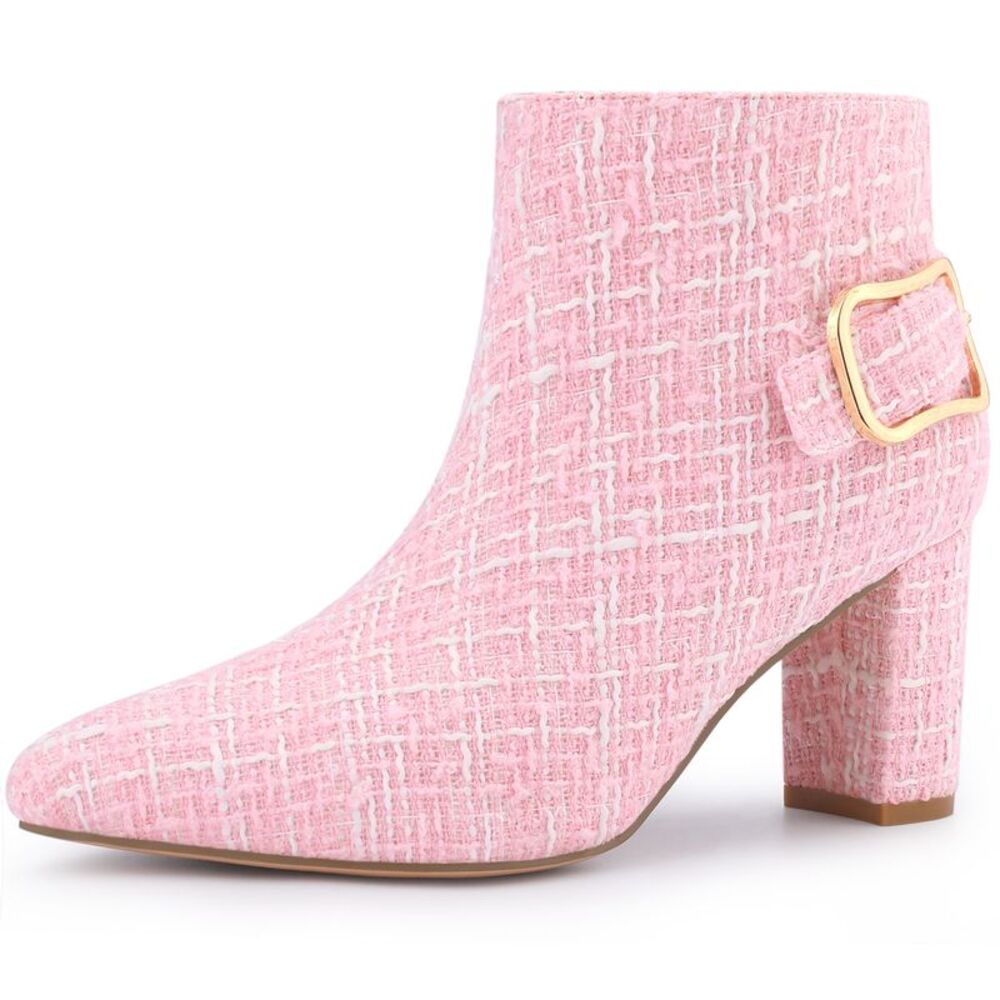 Plaid Pointed Toe Chunky Heel Ankle Boots Pink